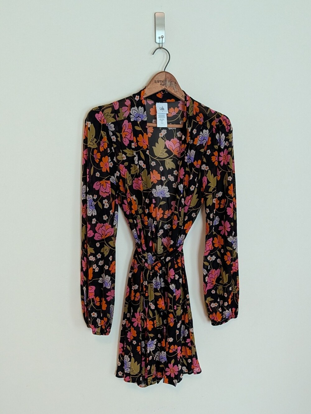 CAbi Black Floral Long-Sleeve Wrap with Pink, Orange & Purple Blooms
